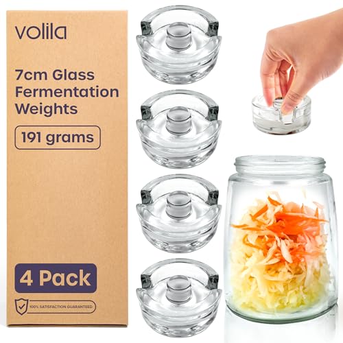 volila Pesas de Fermentación de Vidrio - Juego de 4 Pesas de Vidrio de 7 cm para Fermentación en Tarros de Boca Ancha - Pesas para Encurtir y Fermentar con Mangos de Agarre Fácil