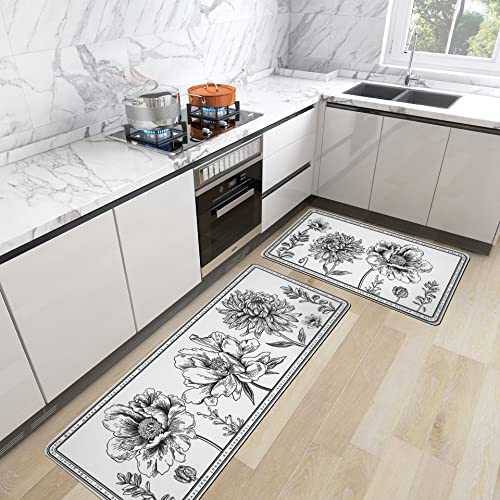 chiinvent Black and White Kitchen Mats Set of 2, Goth White Floral ...