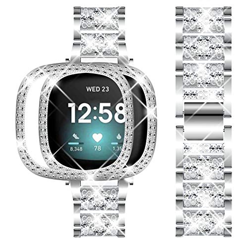 DABAOZA Compatible for Fitbit Sense/Versa 3 Band with Case, Bling Women Girl Dressy Crystal Band with Shiny Protective Bling Bumper Frame Cover for Fitbit Sense / Versa3 Smartwatch (Silver)