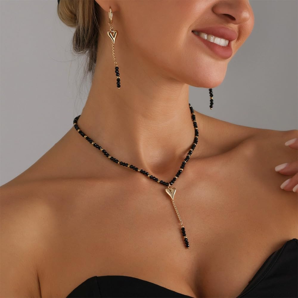 Trendy Heart Black Jewelry Set for Women Trendy Boho Small Beaded Necklace Dark Gothic Hoop Earrings - Image 3