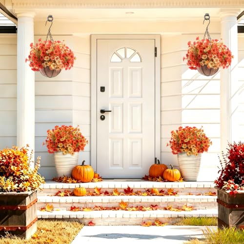 Image of Artificial Fall Flowers Hanging Basket, Fake Mums Planters Outdoor | 4 Set Hanging Flower Basket, Faux Silk Mums, UV Resistant Mums Basket, Look Real, Front Porch Garden Patio Autumn Decor