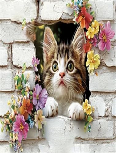 Diamond Painting Chat et Fleurs 50x70cm avec Canevas Kit Complet Peinture Numéro pour Adulte Débutant