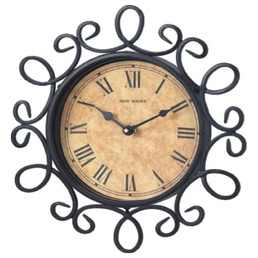 New Haven 1401 12-5/8 by 1-5/8-Inch Hand Forged Curly Wrought Iron Wall Clock, Antique Gold with Black
