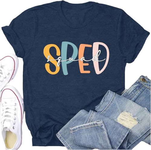 Potia Teacher Shirts Women Special Education Teacher Squad Shirt Casual SPED Mental Health Print Tops Blue