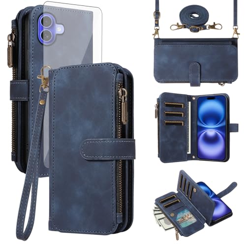 Coque iPhone 16 Plus fermeture éclair portefeuille antichoc i16+ avec verre trempé