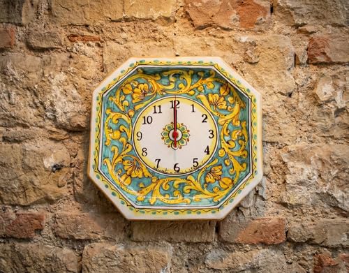 Orologio da parete per cucina in ceramica siciliana giallo e verde di santo stefano di camastra decorata a mano Gianluca Art 24
