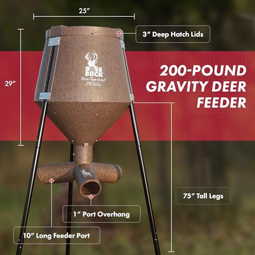 BOSS BUCK 200 LB Deer Feeder/Hunting Durable Lightweight Plastic UV Protected Windproof Waterproof Gravity Feed System with Protein 3 Feed Tubes Head