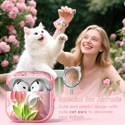 Image of for AirPods 4 Case with Cleaning Kit, Cute Cat Ear Print Design & Cute Buckle, Inverted Phone Holder Design, Top Safe Lock Buckle Design, for Girls AirPods 4 case 2024, Tulip