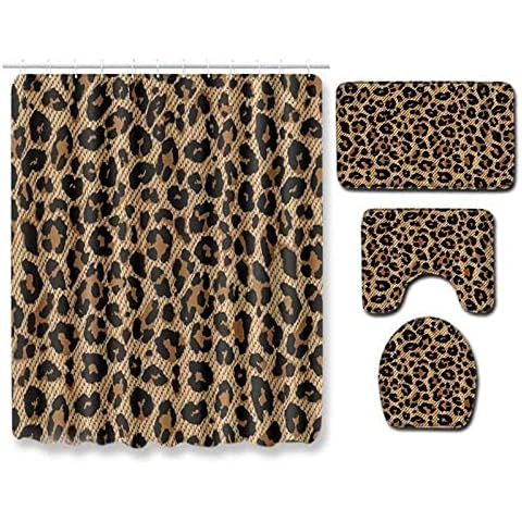 4 Pieces Printing Shower Curtain and Bath Mat Non-slip Toilet Seat Cover Mat Home Decor Toilet Mat Memory Foam U-Shaped Toilet Rug Set Leopard 120X180 CM Cover