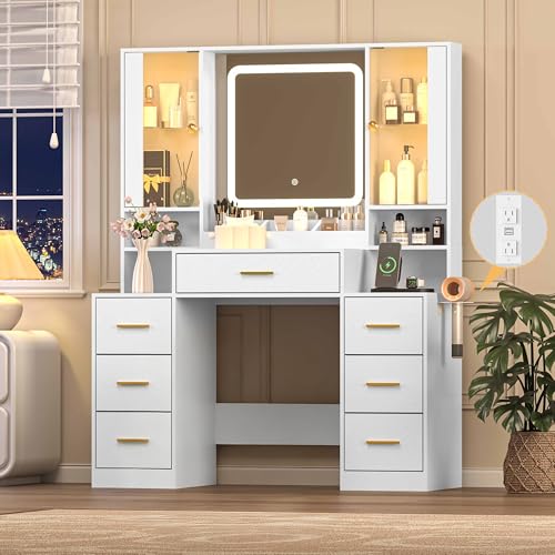 Wodeer White Makeup Vanity Desk with Mirror & Lights, Modern Vanity Table with Charging Station, 7 Drawers, Glass Cabinet, Adjustable Shelves, Bedroom Dressing Table Set for Women & Girls