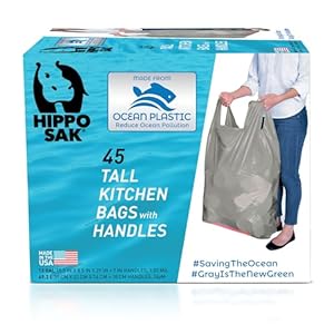 Hippo Sak – Recycled Ocean Bound Plastic Tall Kitchen Garbage Bags with Ergonomic Handles – 13 Gallon Trash Bags – Recyclable & Eco Friendly – Strong and Leak Proof Tall Kitchen Trash Bags (45 Count)