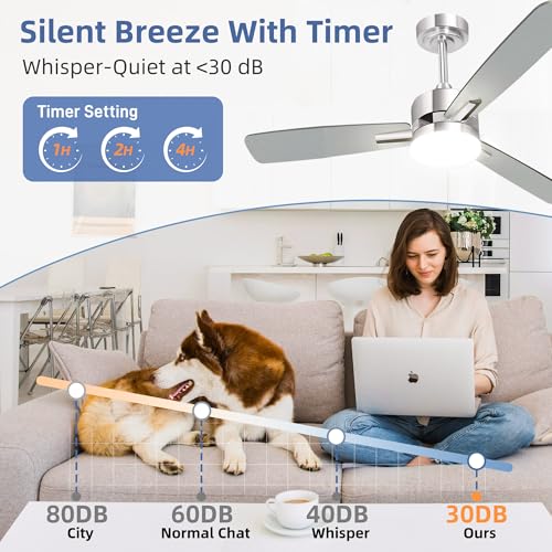 Image of hykolity 52 Inch Modern Nickel LED Ceiling Fan with Light and Remote