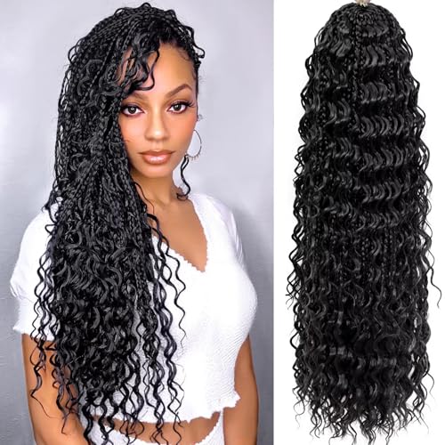 Miuric Boho Box Braids Crochet Hair or Black Women 24 Inch 7 Packs Goddess Box Braids Crochet Hair with Curly Ends Pre Looped Bohomian Synthetic Crochet Braiding Hair Extensions (1b)