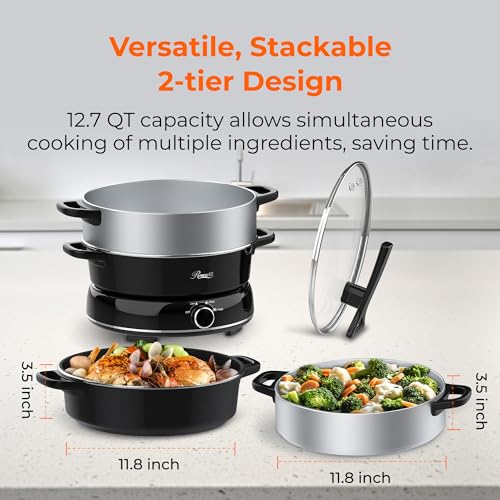 Image of Rosewill 12.7 QT Electric Hot Pot Slow Cooker with Multiple Functions, Split Design with 11.8 inch Wider Cooking Pot and SUS Steam Basket, 1600W High Power, Includes Utensils - Black