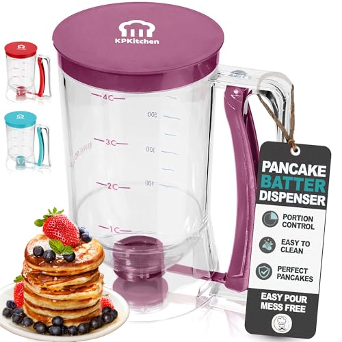 Image of Pancake Batter Dispenser - Kitchen Must Have Tool for Perfect Pancakes, Cupcake, Waffle, Muffin Mix, Cake & Crepe - Easy Pour Baking Supplies for Griddle - Pancake Maker with Measuring Label (Purple)