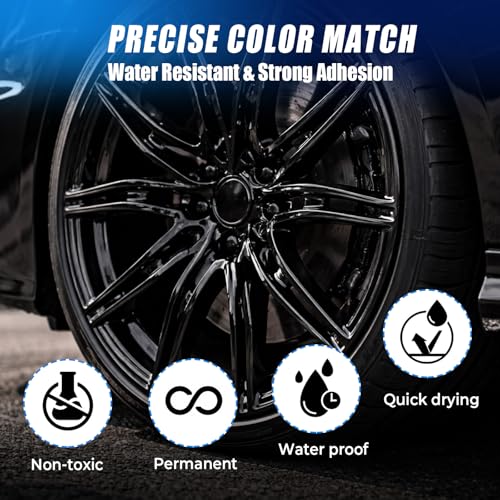 Image of Gloss Black Rim Touch Up Paint, 2-in-1 Brush & Tip, 0.4 fl oz - Universal Black Rim Curb Rash Repair Kit for Scratches, Scuffs on Alloy /Metal Wheels, OEM Color Match, Quick-Dry & Long-Lasting