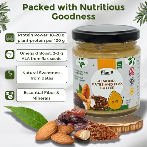 Image of Plan B Almond Butter with Flax Seeds & Dates | 200g Jar | Naturally Sweetened Nut Butter | High Protein | No Added Sugar | Dairy-Free | Gluten-Free Spread