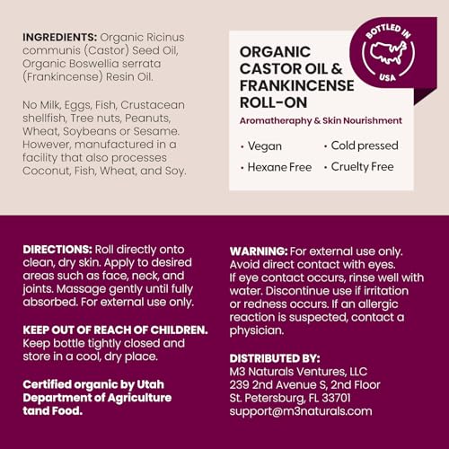Image of Organic Castor Oil + Frankincense Roll-On, Essential Body Oil, 3 oz by M3 | USDA Organic, Cold-Pressed, Hexane-Free & Vegan Formula for Aromatherapy & Lymphatic Massage