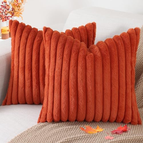 Image of Pallene Faux Fur Plush Fall Throw Pillow Covers 26x26 Set of 2, Luxury Soft Fluffy Striped Decorative Pillow Covers for Sofa, Couch, Living Room, Rust