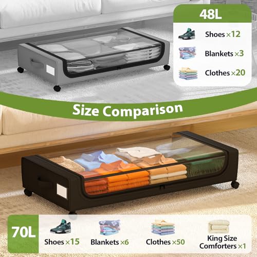 Image of GoMaihe Under Bed Storage with Wheels: 70L Underbed Storage Containers with Clear Lids - Rolling Drawers & Bins for Shoes Clothes in Dorm Bedroom - Space-Saving Easy Pull-out Black 2-Pack