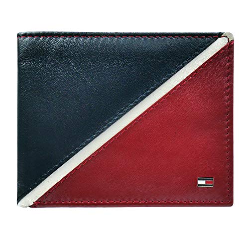 Tommy Hilfiger Men's Slim Leather Bifold Wallet Blue Flag Design, Navy/Red/White