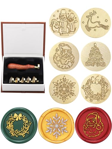 Yoption Christmas Wax Seal Stamp Gift Box Kit 6pcs Sealing Wax Stamp Heads with 1 Wooden Hilt Set for Party Invitation Card Gift Decoration (Merry Christmas Series)