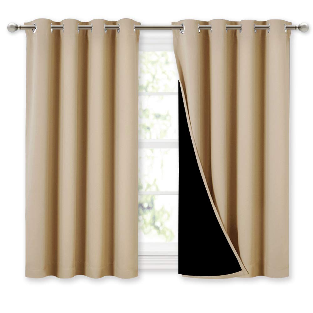 NICETOWN Bedroom Full Blackout Curtain Panels, Super Thick Insulated Window Covers, Complete Blackout Draperies with Black Liner for Short Window(Biscotti Beige, Set of 2 PCs, 52 by 45-inch)
