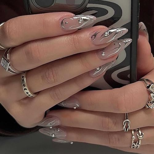 DANMANR Fake Nails Long Silver Press on Stiletto Nails Full Cover Fire Acrylic Fake Nails for Women and Girls 24PCS