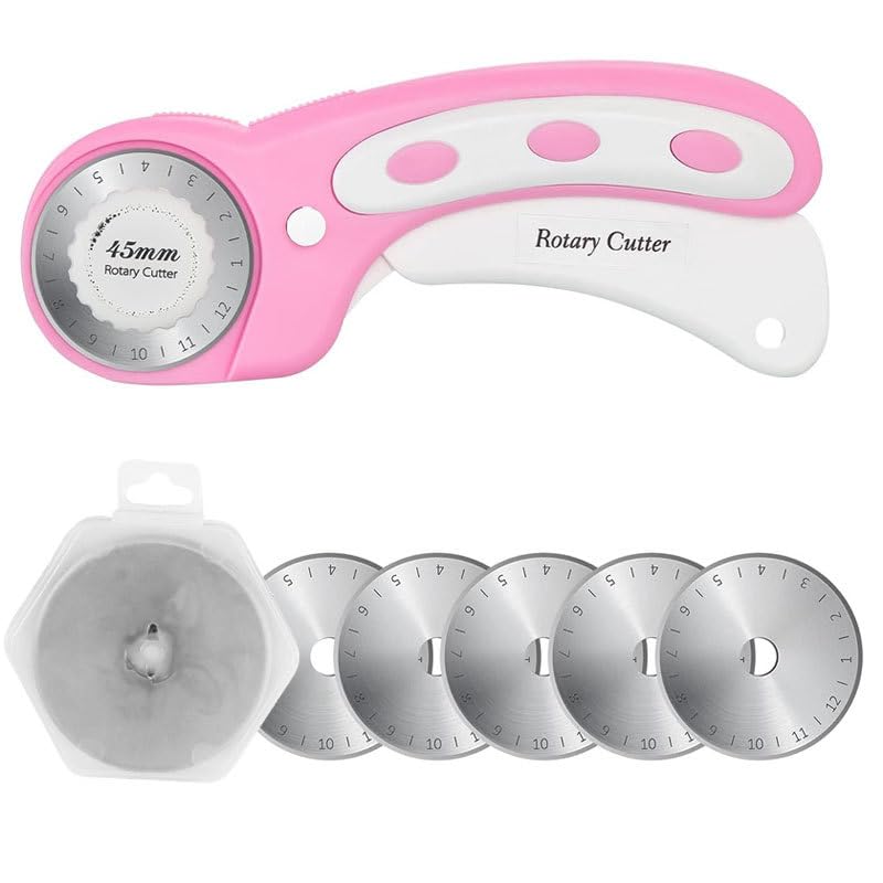 PIQIUQIU Kit de Cortador de Tambor de 45 mm, Cortador de Tejido Cerrado con Seguridad Cortador de Tambor, con 5 Cuchillas de reemplazo para Coser edredones de Cuero de Tejido
