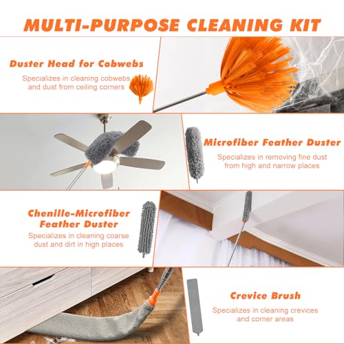 GIBOHOM 10 Stück Staubwedel Teleskop, Waschbar Staubwedel Lang Ausziehbar bis 255 cm, Spinnenwebenentferner mit Teleskopstiel und Haken, Staubwischer Mikrofaser für Lücken, Decken, Spinnweben