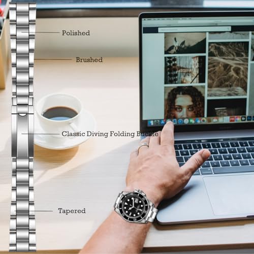 Image of Juntan Screw-in Stainless Steel Watch Band 20mm 21mm 22mm for Men Women, Curved End Straight End Metal Watch Strap with Oyster Buckle, Taperd Replacement Jubilee Bracelet Silver Gold