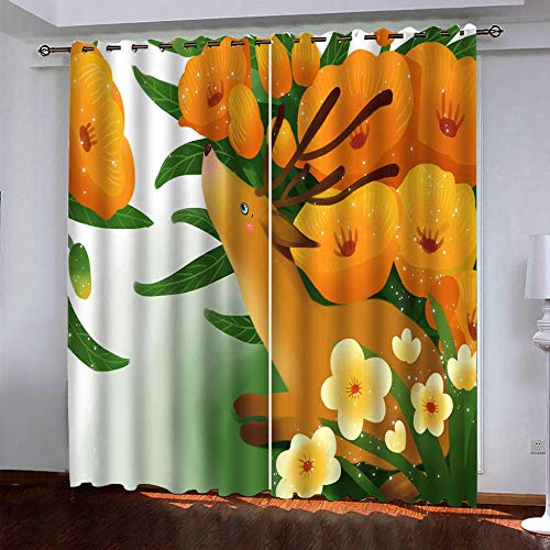 WMMTFT Rideaux Occultants Isolants Thermique Phonique - Wapiti Fleuri Orange - 3D Impression Numérique 100% Polyester, Moderne Chambre Cuisine - 140 x 160 cm - pour Enfant Fille, Rideaux Occultants Cover