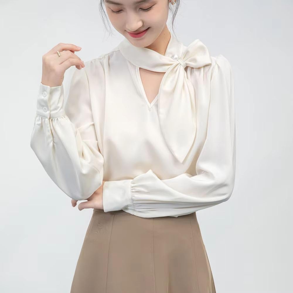Women's Elegant Satin Shirt Design Blouse Long Sleeve Office Lady Casual Top Vintage Clothing