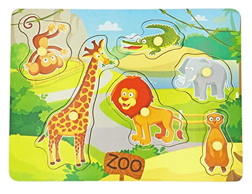 Wooden Peg Baby Puzzles, Full-Color Pictures Animal Shape Chunky Puzzle, Jumbo Knob Zoo Puzzle For Toddlers 18 Months And Up, 6Pieces #TOP1