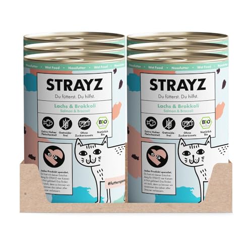 STRAYZ - Bio Katzenfutter Nass - Lachs & Brokkoli, Getreidefreies Premium Nassfutter für Katzen mit 95% Fleischanteil ohne Zucker - 6x400g Dose