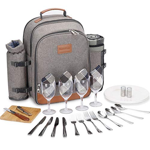 HappyPicnic Isolierter Picknickrucksack für 4 Personen mit komplettem Geschirr, geräumigem Kühlfach, Flaschenhaltern und großem wasserdichtem Picknick-Teppich