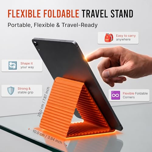Image of Questsole Flexible Silicone Phone Stand, Foldable Rollable Mobile Holder with Aluminum Core, Multi-Angle Adjustable Desk Stand for Phone, Tablet, iPad, Laptop, Travel-Ready (Orange)