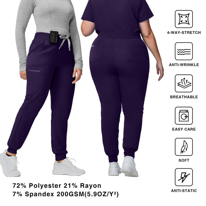 Image of Kitmaz Scrub Pants for Women - Mid Rise 4-Way Stretch Anti-Wrinkle Slim Fit Jogger Pants, Drawstring & 5 Pockets