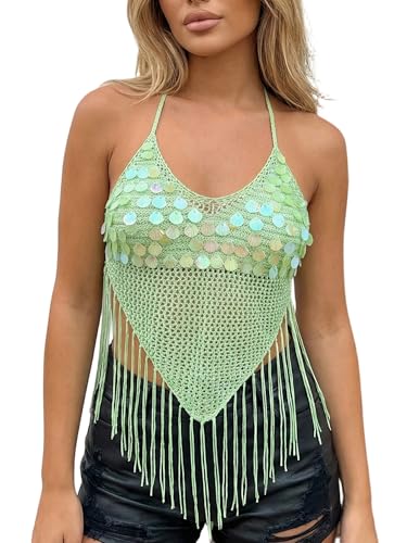 Image of Women's Sequin Shell Fringe Halter Top Crochet Openwork Tassel Crop Tops Backless Tie Boho Vest for Beach Party Wear (A-Green, S)