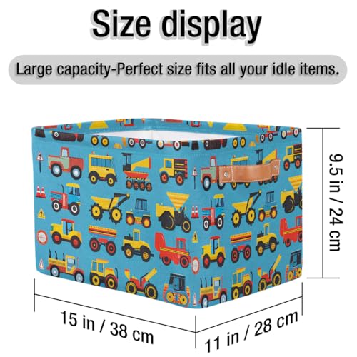 Image of Cartoon Construction Storage Baskets for Organizing, Fabric Collapsible Storage Bins Box Cars Tractors Bulldozers Decorative Toy Organizer Baskets for Closet Shelves Gift Basket 2Pcs