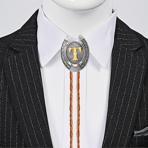 Image of Vintage Western Cowboy Monogram Initial Letter Bolo Tie for Men | Premium brown braided leather, adjustable sliding clasp, anti-tarnish alloy pendant, versatile A-Z western bolo tie