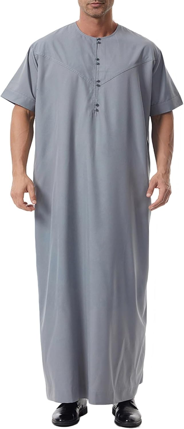Cambkatl Men's Short Sleeve Kaftan Thobe Button Up Long Henley Shirt Casual Muslim Gown Loose Robe Thobes