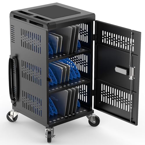 Image of Fully Assembled 30 Device Charging Cart for iPad, Chromebook and Laptop Computer with Keypad Lock,Up to 14-in Screen Size,Surge Protection,Front & Back Access Locking Cabinet