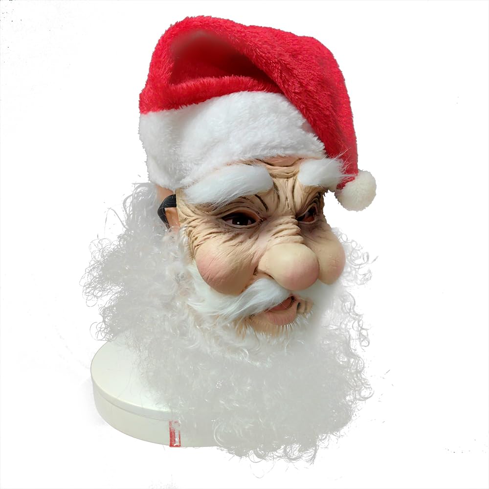 Ginoba Christmas Santa Claus Mask for Party Dressing Up Realistic Latex Mask With Red Santa Hat and Beard Overhead
