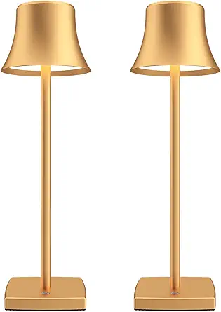 2 Pack LED Cordless Table Lamps Rechargeable,5000mAh Battery Operated Table Light,3 Color Stepless Dimming,Portable Small Desk Lamp in Aluminum for Party Patio Restaurant Indoor/Outdoor(Gold)