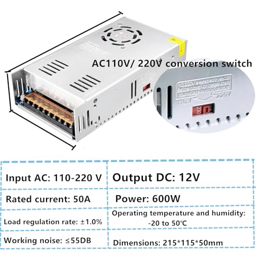 AC 110/120 to DC 5V Power Supply, Universal Switching Transformer Adapter for Raspberry PI Models, CCTV, Radio, Computer Project, LED Strips Pixel Lights 3D Printer (12V50A 600W)2