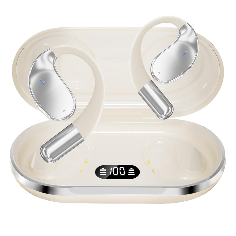 Caijin Auricolari Sportivi Bluetooth Wireless con Tecnologia Bluetooth 5.4, Design con Gancio Aperto, Bassi Potenti, Riduzione del Rumore ENC, Impermeabilità IP54, 60 Ore di Riproduzione (Bianco)