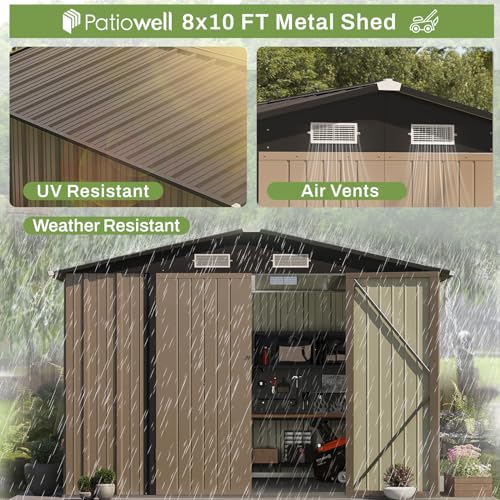 Image of Patiowell 8x10 FT Outdoor Storage Shed, Large Garden Tool Metal Shed with Sloping Roof and Double Lockable Door, Outdoor Shed for Backyard Garden Patio Lawn, Brown
