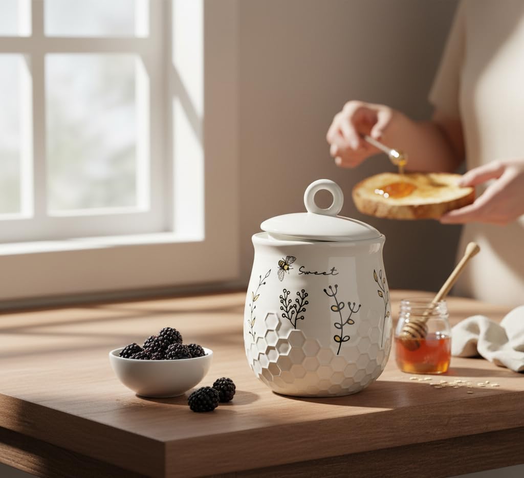 Young's Inc Honey Bee Ceramic Cookie Jar with Lid, Farmhouse Kitchen Storage Canister for Cookies, Treats,Coffee,Tea,Snacks,7.8 Inch Sweet Bee Decor Rustic Kitchen Container
