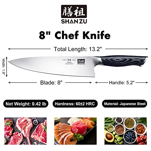 SHAN ZU Chef Knife, Kitchen Knife 8 inch Japanese Super Steel Sharp Chef's Knives Chopping Knife, Cooking Knife with K133 Ergonomic Handle- Genbu Series